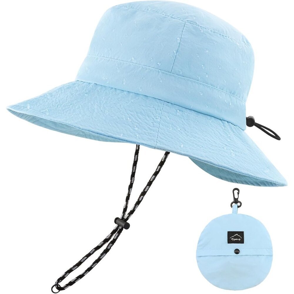 Unisex Sky Blue 100% Nylon Waterproof Wide Brim Mesh Vent Chin Strap Bucket Hat